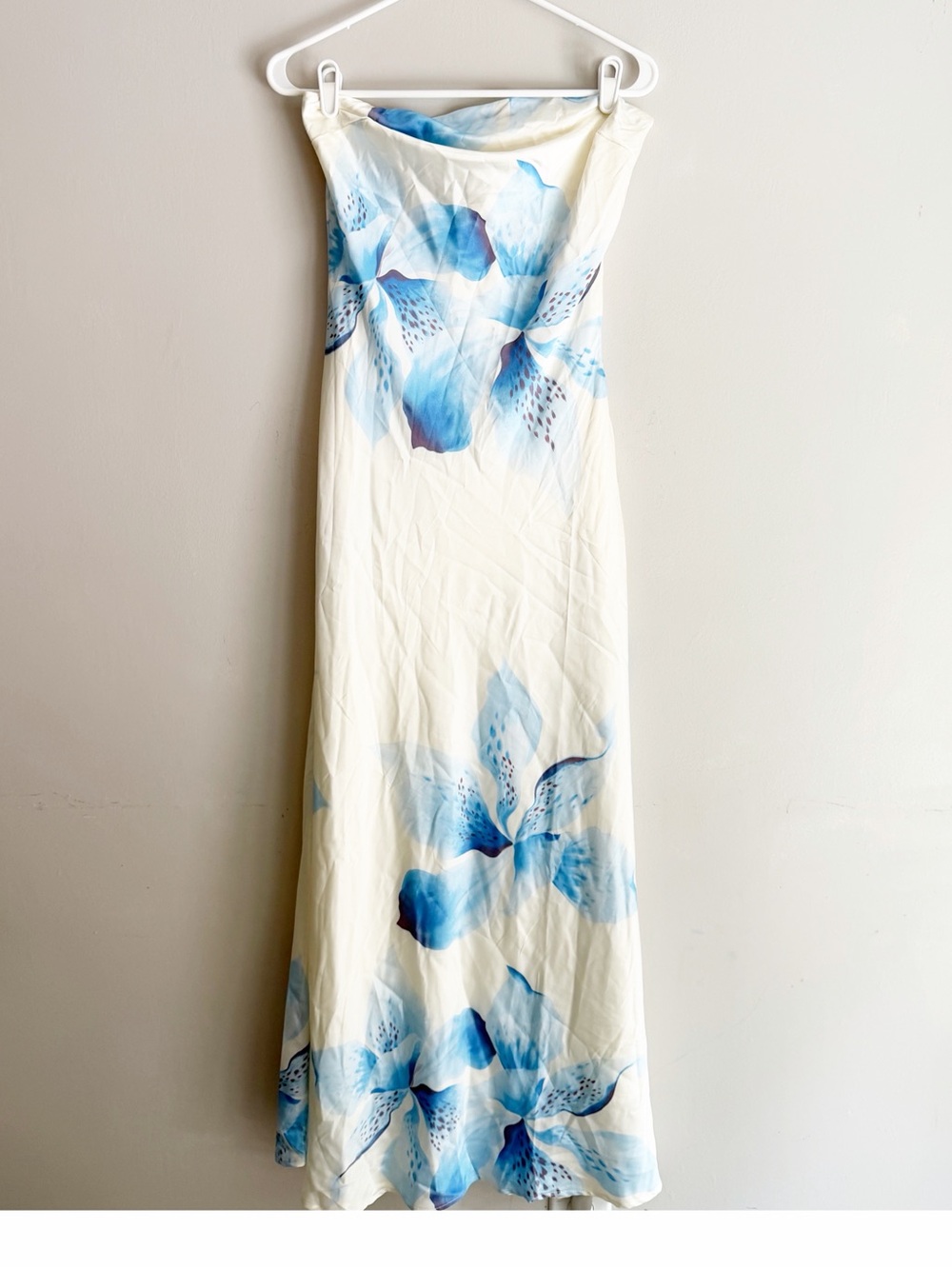 Revolve paper heart blue lily floral strapless maxi dress size large new
